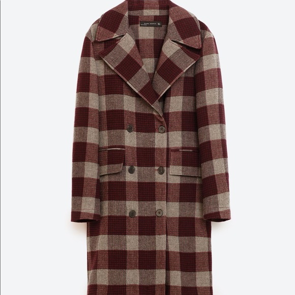 Zara Burgundy Grey Plaid Wool-Blend Coat - Picture 2 of 5